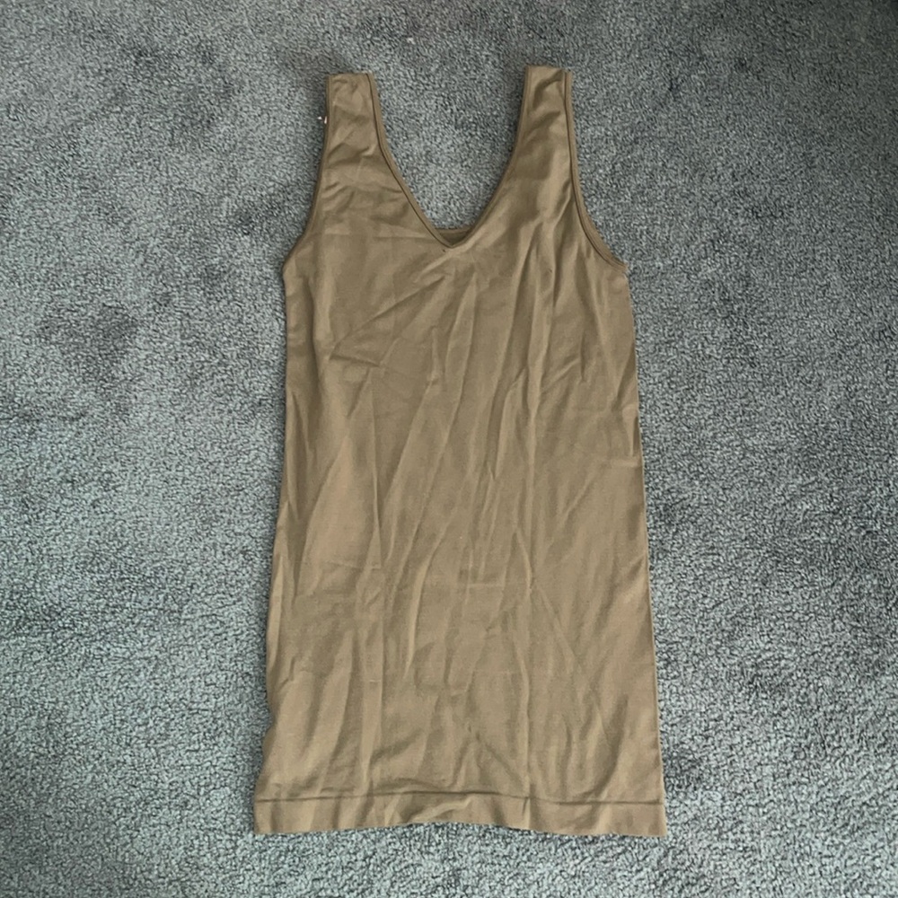 Skin-tight olive green tank top